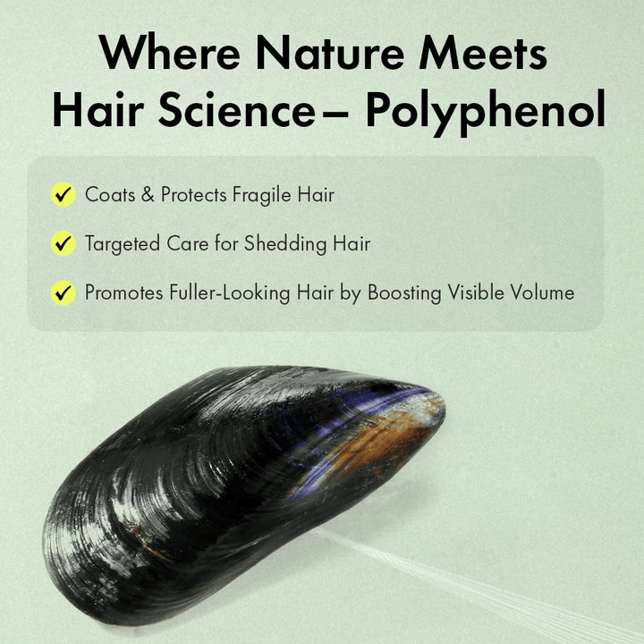 Illustration of mussel-derived polyphenol technology that helps protect fragile hair, provide fuller volume, and care for hair that feels thin or lifeless.