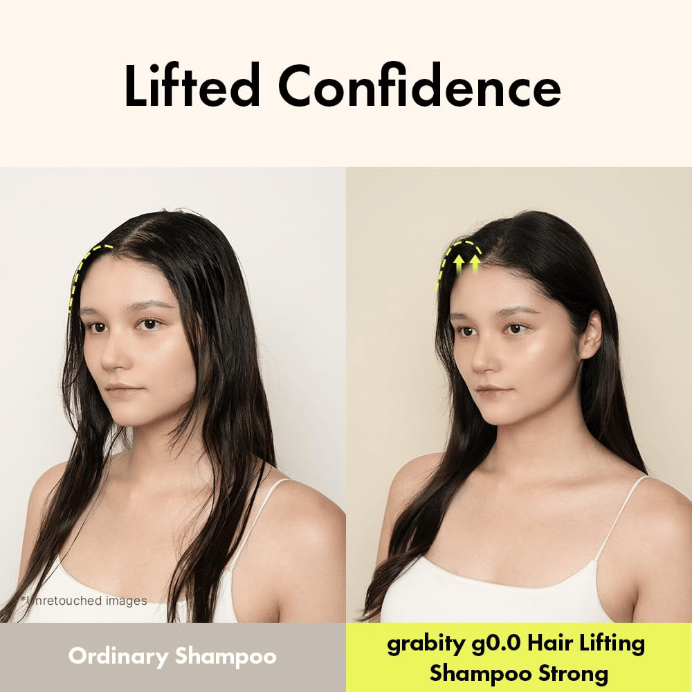 Before-and-after image showing increased volume and lift at the roots after using Grabity g0.0 Hair Lifting Shampoo Strong for thin and flat hair.