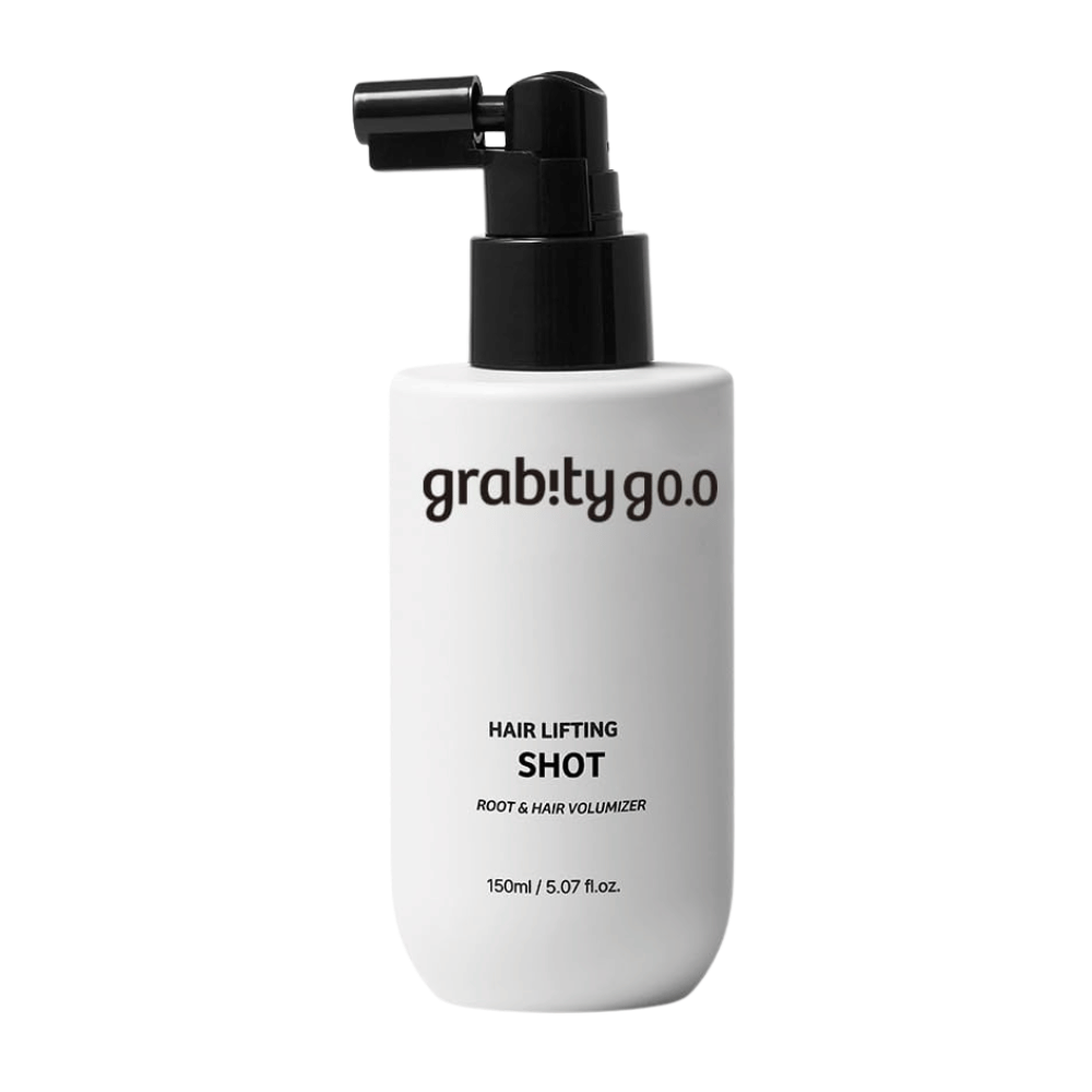 Grabity Hair Lifting Shot Root & Hair Volumizer in a stylish white spray bottle. A volumizing hair product developed to lift the hair roots, give fuller hair, and facilitate styling.