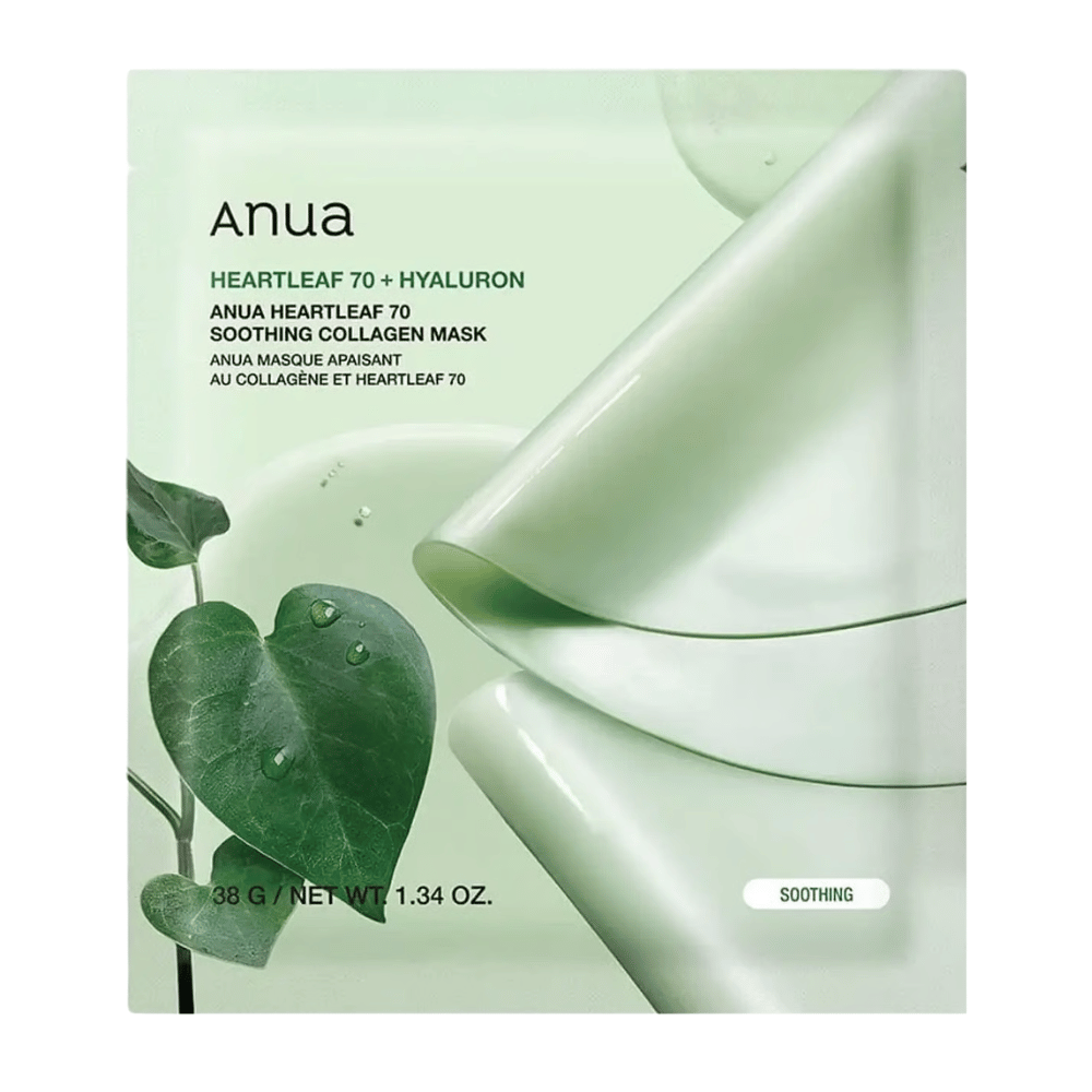 Clean product image of Anua Heartleaf 70 Soothing Collagen Mask. The packaging has a soft green design that conveys soothing and moisturizing properties. Heartleaf leaves with water droplets reinforce the product’s focus on sensitive skin, moisture balance, and nourishing ingredients. The product is marketed as a soothing collagen mask with heartleaf and hyaluronic acid.