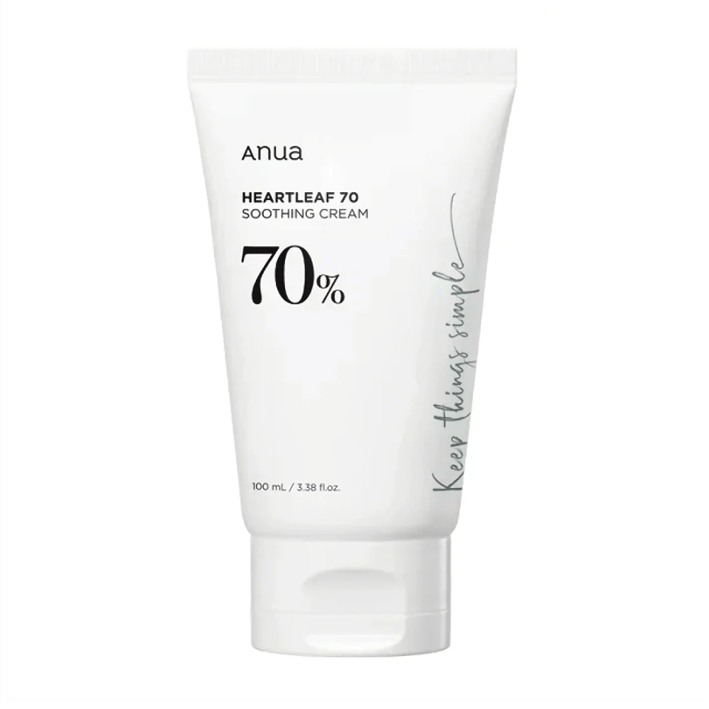 A tube of Anua Heartleaf 70 Soothing Cream on a white background.