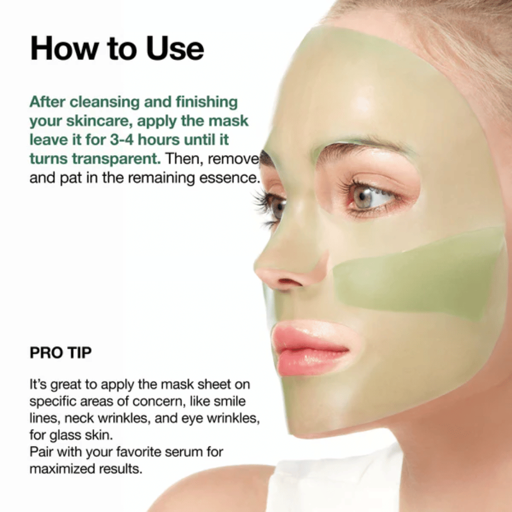 A model is wearing a light green hydrogel mask that covers most of the face. The image shows how the mask is used after the skincare routine and emphasizes that it should remain on the skin for 3–4 hours until it becomes transparent. The focus is on long-lasting hydration and the essence being effectively absorbed by the skin.