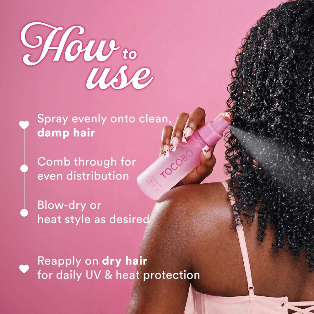 TOCOBO Heat Proof Hair Mist #01 Lowkey Famous – application in damp hair before blow-drying and heat styling