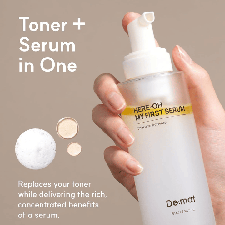 Shows how the product combines toner and serum in one step for simple and effective skincare.