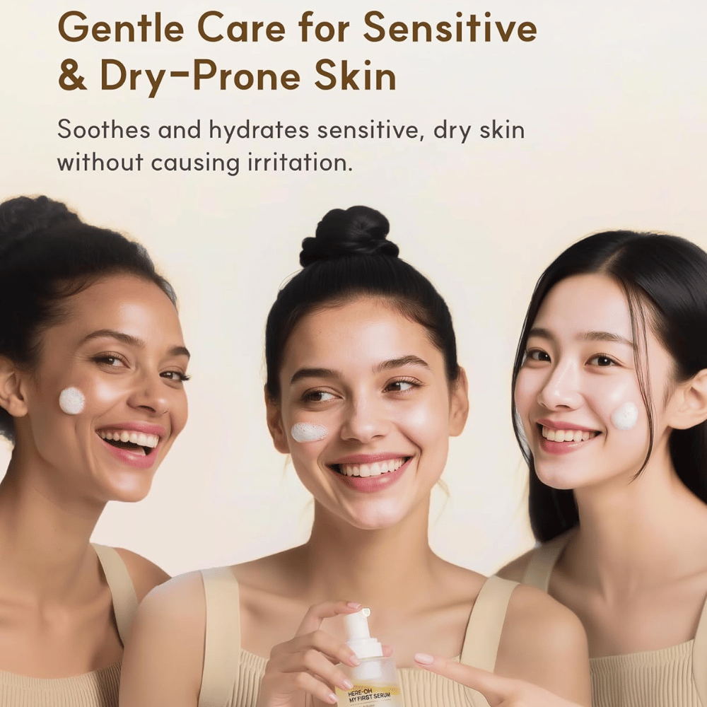 Lifestyle image with three people applying De:maf Here-Oh My First Serum.