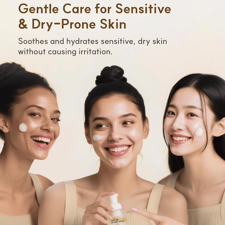 Lifestyle image with three people applying De:maf Here-Oh My First Serum.