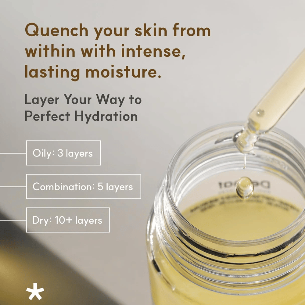 Illustrates the recommended layer-by-layer application for different skin types and long-lasting hydration.