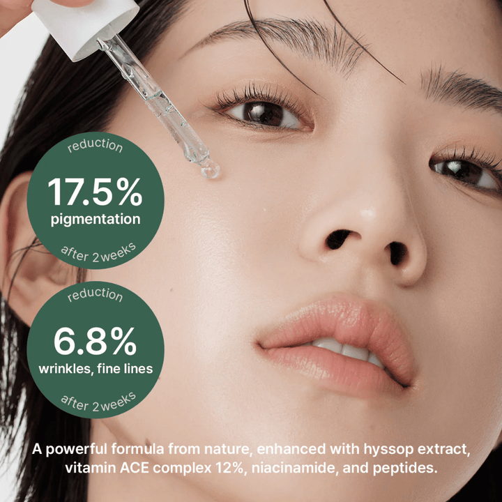 Model applying serum with pipette, graphic showing reduced pigmentation and fine lines after two weeks of use.