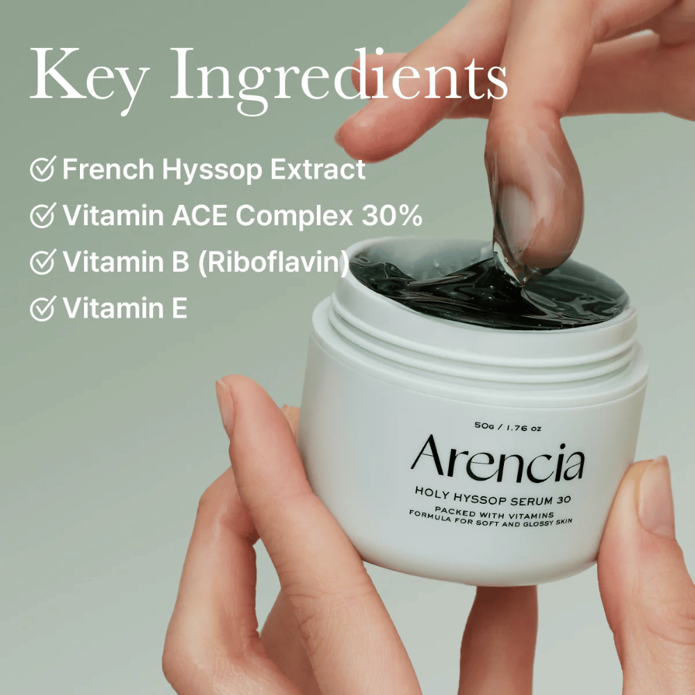 Close-up of Arencia Holy Hyssop Serum 30 – new formula with French hyssop, vitamin ACE complex, and vitamin B & E for radiant skin.