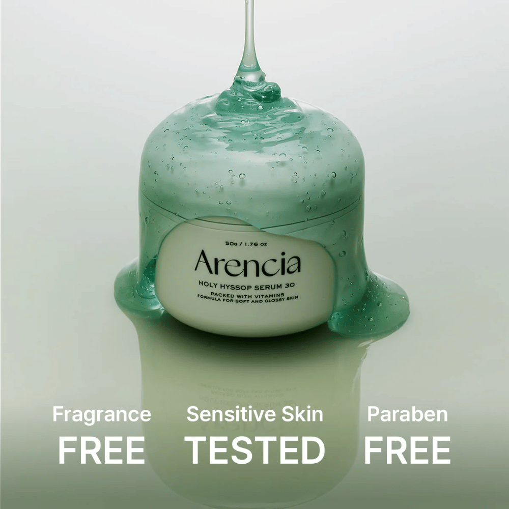 Arencia Holy Hyssop Serum 30 – nutrient-rich gel serum with vitamins, free from perfume and parabens, dermatologically tested for sensitive skin.