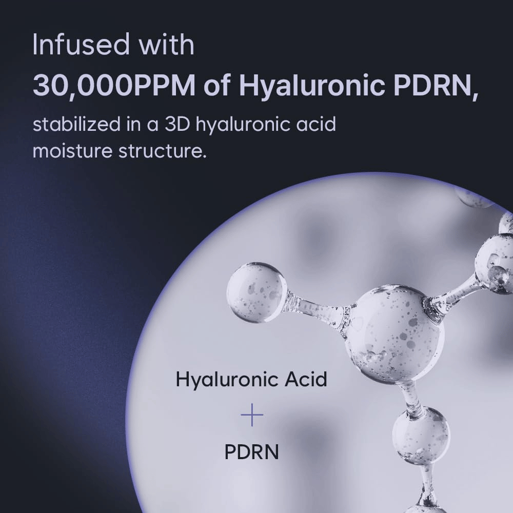 Graphic illustration of hyaluronic acid and PDRN in a three-dimensional moisture structure. The image highlights the product's high concentration of Hyaluronic PDRN and its hydrating technology.