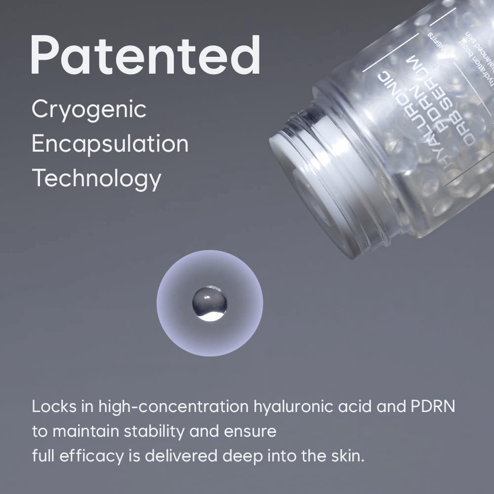 Illustration of HAUA Hyaluronic PDRN Orb Serum and its patented cryogenic encapsulation technology. A serum orb is shown next to the packaging to highlight the technology behind the ingredient encapsulation.