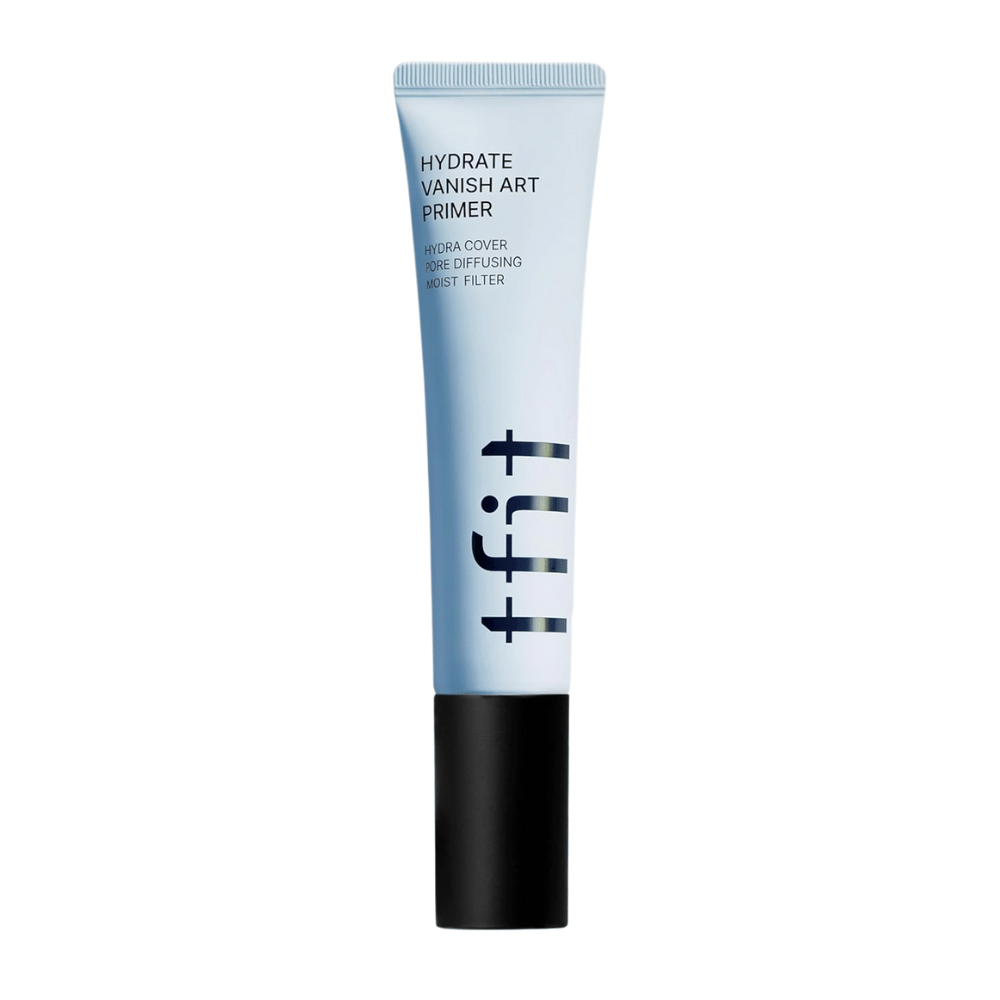 Blue tube with black cap from TFIT, labeled "Hydrate Vanish Art Primer" – a moisturizing primer with pore-smoothing effect and moisture filter technology.