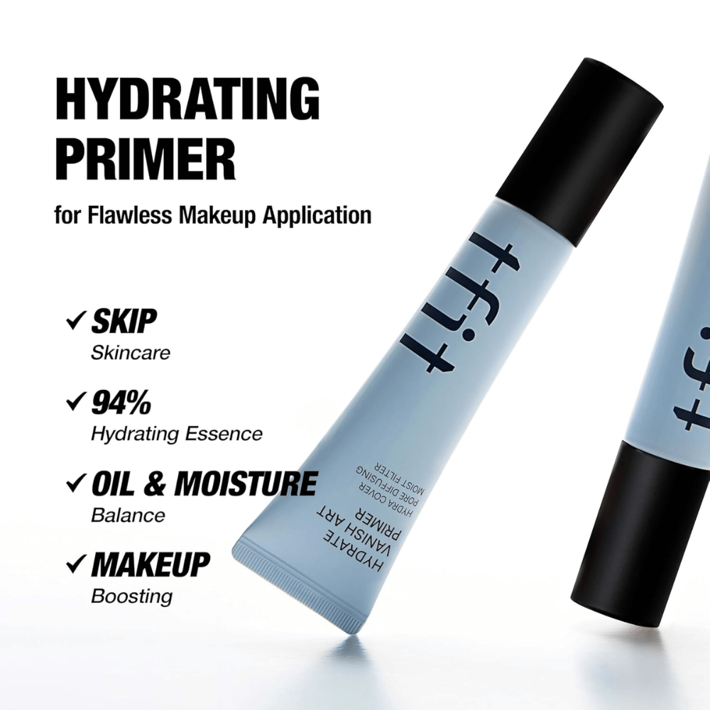 TFIT Hydrate Vanish Art Primer is shown with informative text about the product's benefits, including 94% moisturizing essence and oil balance – developed for a smoother makeup base.