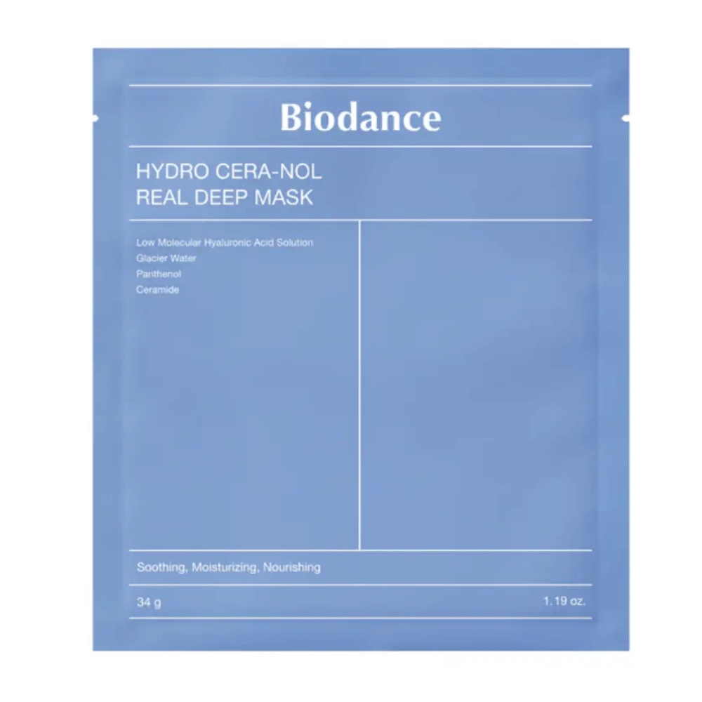 The packaging shows "Biodance Hydro Cera-Nol Real Deep Mask". It is a calming, moisturizing, and nourishing face mask containing low molecular weight hyaluronic acid, glacier water, panthenol, and ceramides. The design is simple in a calming blue color tone.