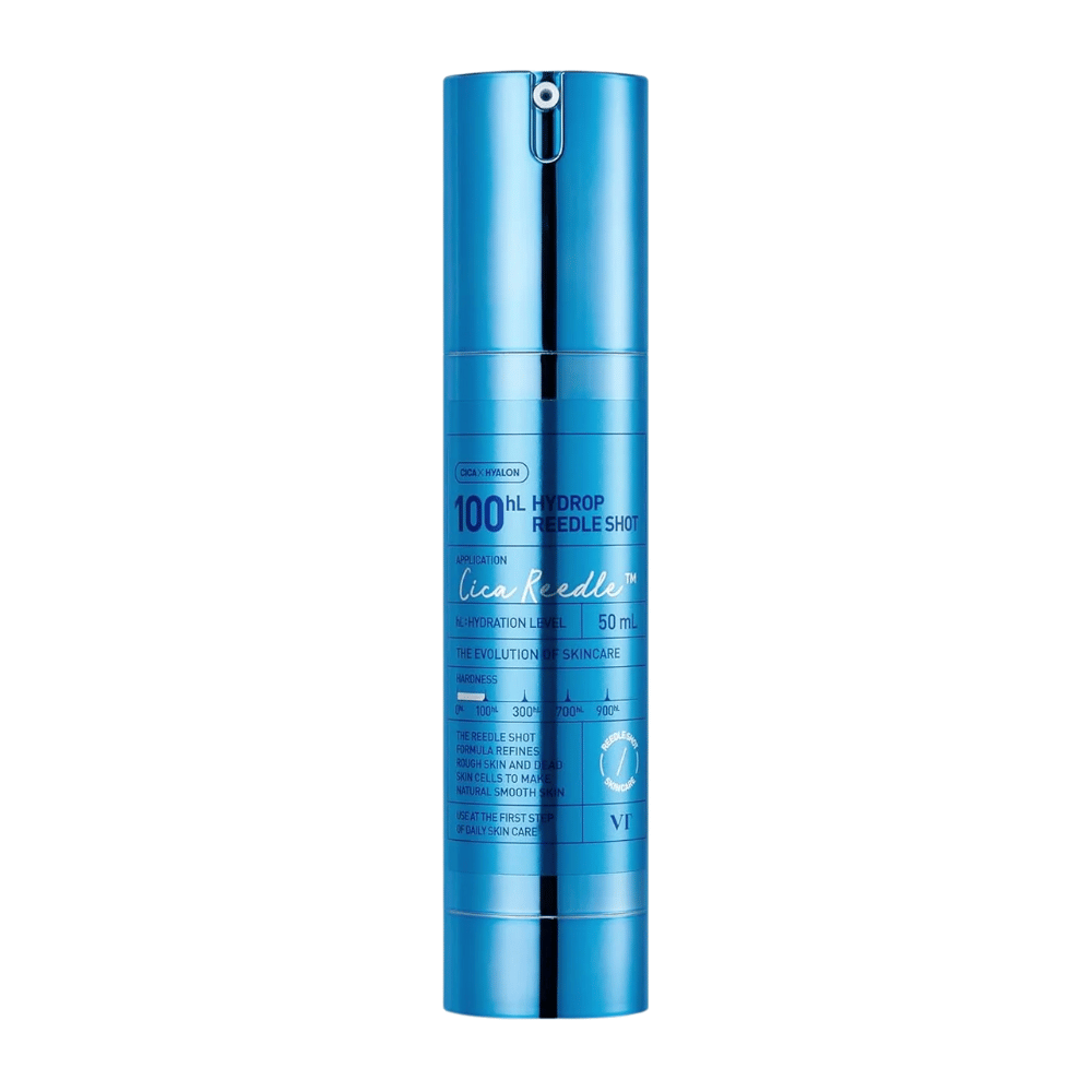 Blue cylindrical bottle VT Cica Hyalon Hydrop Reedle Shot 100hL, 50 ml, with pump and silver details, standing against a white background.