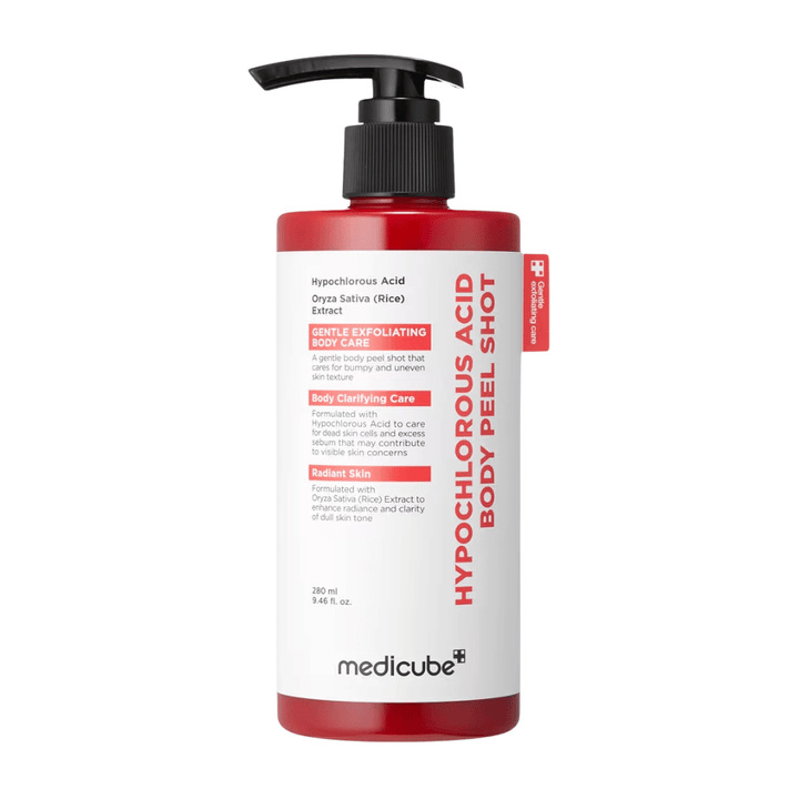 Cut-out product image of Medicube Hypochlorous Acid Body Peel Shot in a red pump bottle for exfoliating body care and moisturizing rough skin.