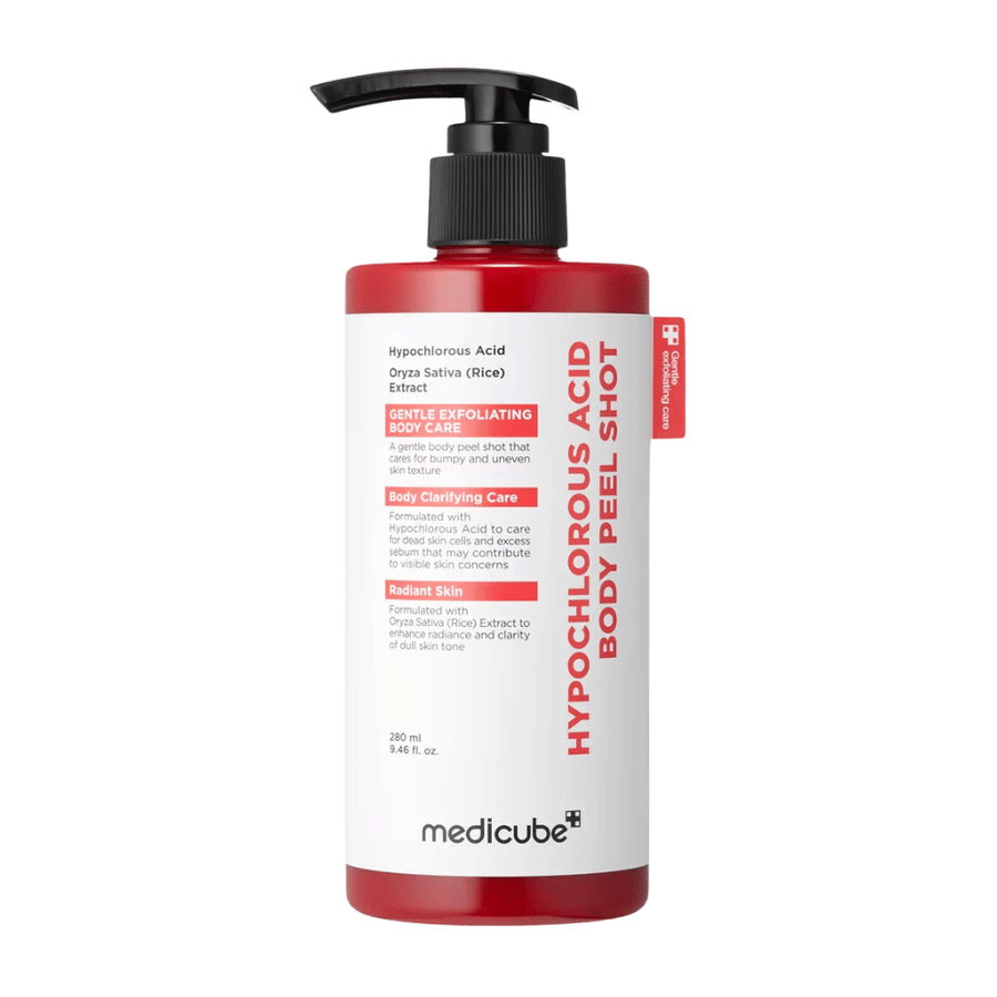 Cut-out product image of Medicube Hypochlorous Acid Body Peel Shot in a red pump bottle for exfoliating body care and moisturizing rough skin.