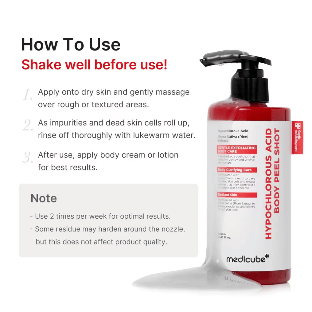 Instructional image for Medicube Hypochlorous Acid Body Peel Shot showing how the body peel is used step by step for exfoliation and softer skin.