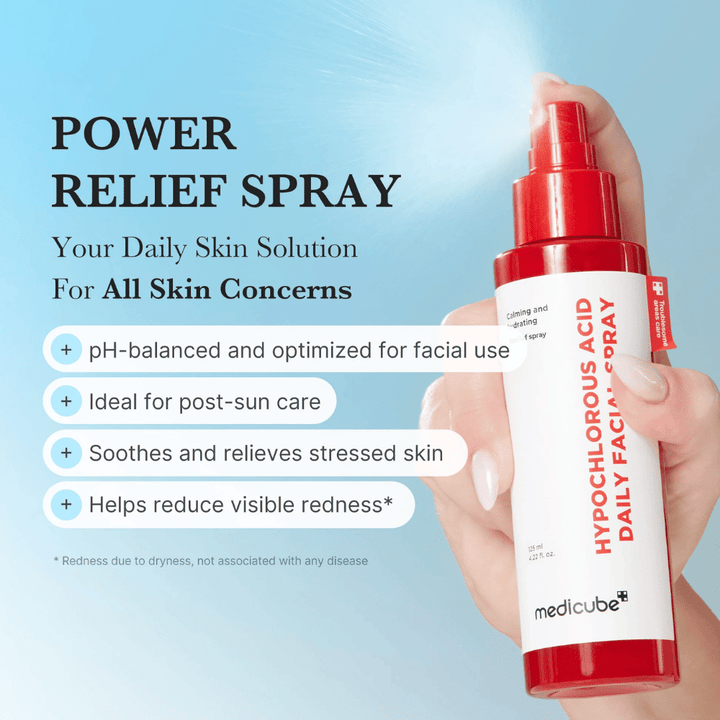 Marketing image with a blue background where the spray is being held in one hand during use. The image highlights the product's areas of use, such as balancing the skin's pH level, providing care after sun exposure, soothing stressed skin, and reducing visible redness.