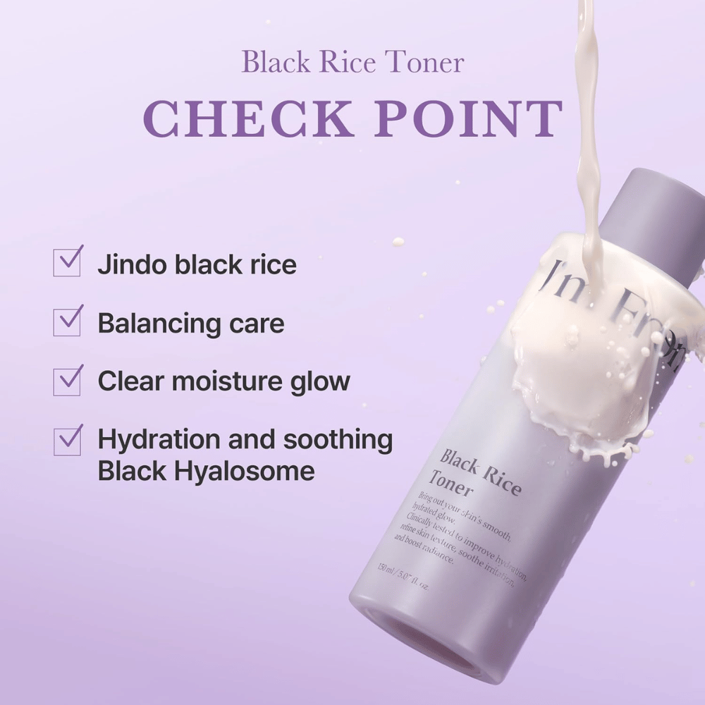 I'm From Black Rice Toner with moisturizing and soothing properties. Purple bottle with creamy product texture and ingredient information.