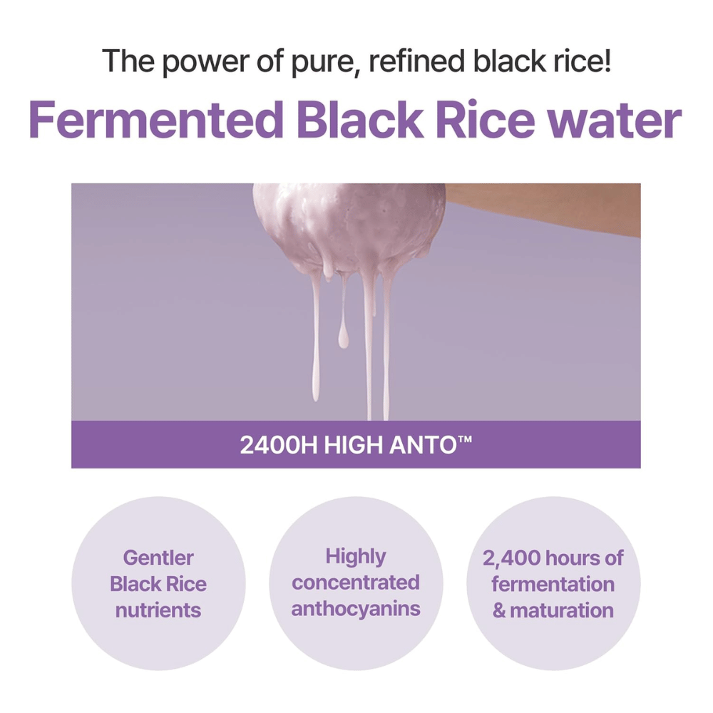 I'm From Black Rice Toner with fermented black rice water. Illustration of the ingredient's properties and fermentation process.