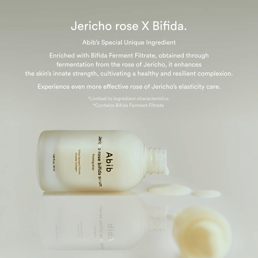 Informational image highlighting the combination of Jericho Rose and Bifida Ferment Filtrate for stronger and more elastic skin.