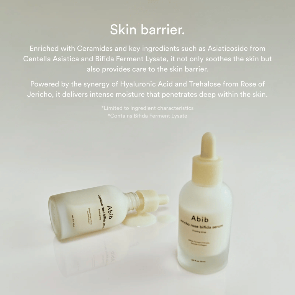 Product image of Abib Jericho Rose Bifida Serum together with information about the skin barrier, ceramides, and intensive hydration.
