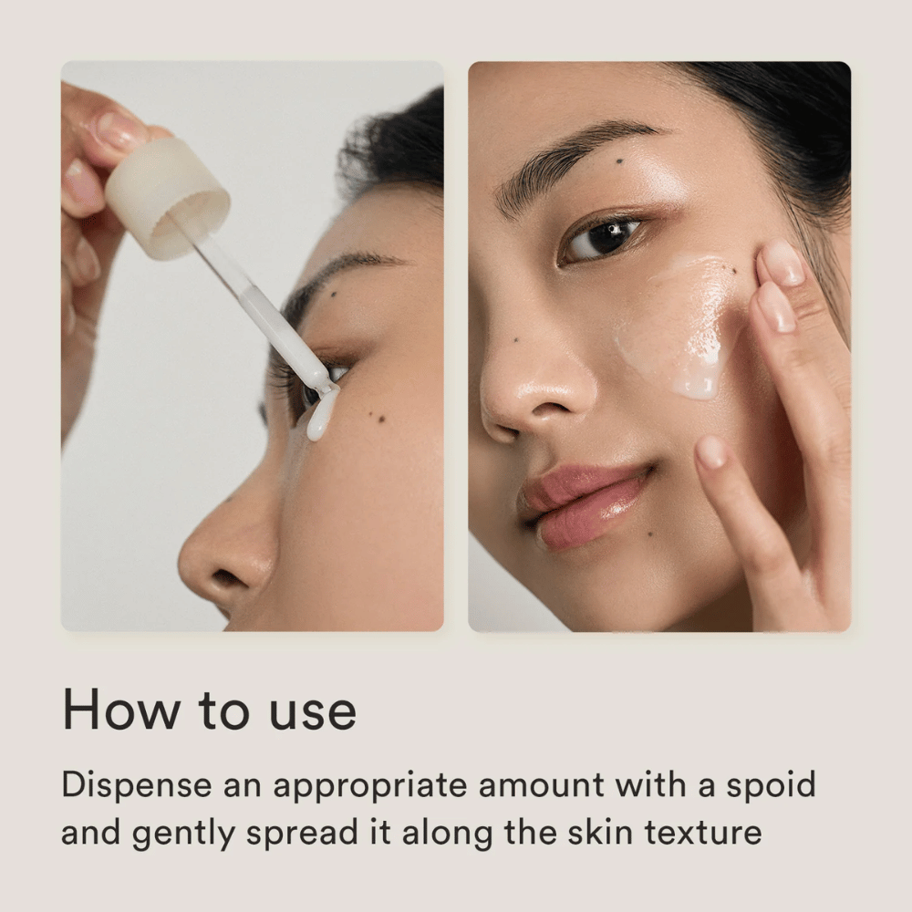 Step-by-step image showing how the serum is applied with a dropper and gently massaged into the skin.
