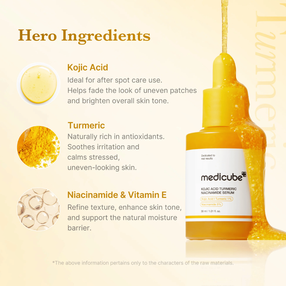 Ingredient-focused image presenting the serum’s key ingredients: kojic acid, turmeric, niacinamide, and vitamin E. The design emphasizes radiance-boosting, soothing, and skin-evening properties with a warm and natural aesthetic.