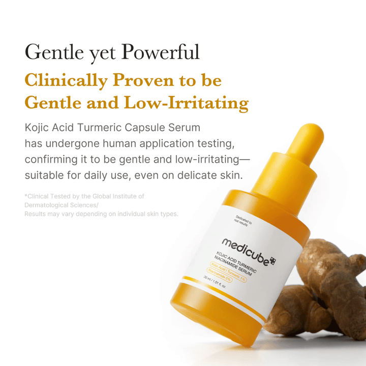 Informational image highlighting the serum’s mild yet effective formula. The product is presented together with turmeric to reinforce the connection to soothing and antioxidant-rich ingredients, as well as its gentle properties for daily use.