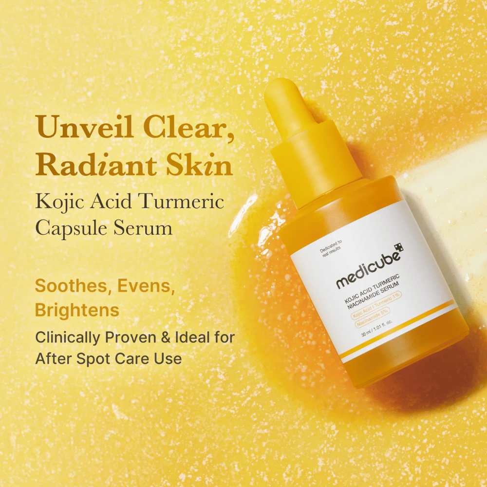 Campaign image of Medicube Kojic Acid Turmeric Niacinamide Serum with a strong yellow color palette that highlights glow, radiance, and skin-improving properties. The focus is on soothing the skin, evening out the skin tone, and providing a clearer appearance after post-acne care.