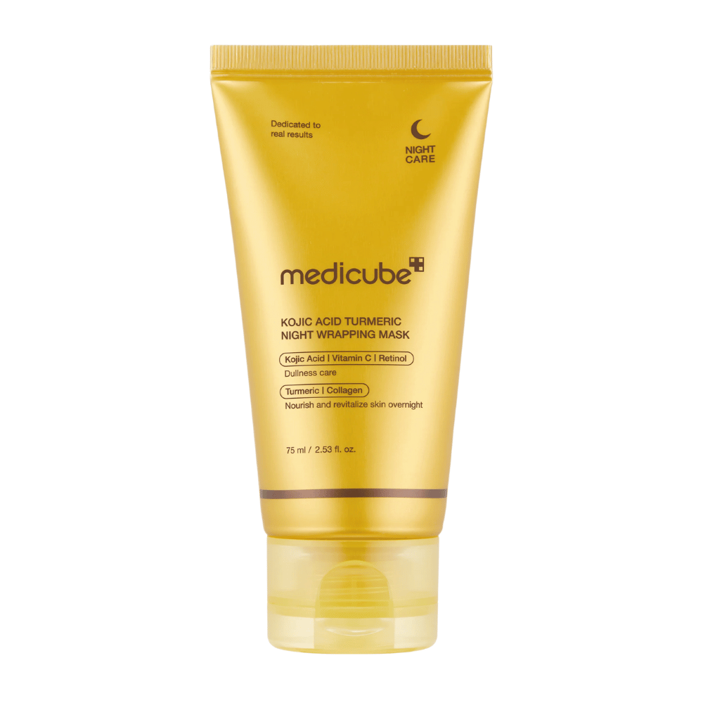 Medicube Kojic Acid Turmeric Night Wrapping Mask i gul tub, 75 ml. En nattmask med Kojic Acid, Vitamin C, Retinol och Kollagen som vårdar glåmig hud under natten.