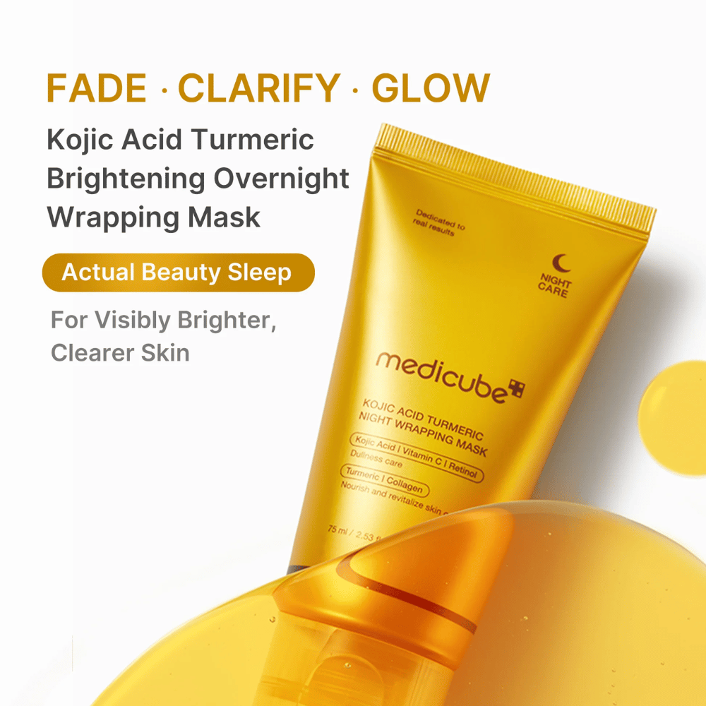 Medicube Kojic Acid Turmeric Night Wrapping Mask in a gold-colored tube for nighttime skincare that helps provide clearer, more even, and more radiant skin.