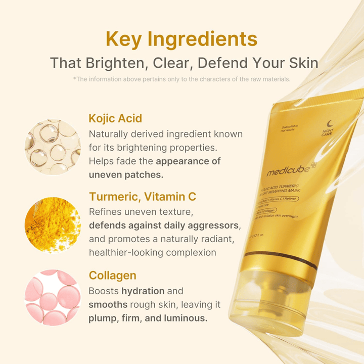 Medicube Kojic Acid Turmeric Night Wrapping Mask with kojic acid, turmeric, vitamin C, and collagen for radiance, hydration, and a more even skin tone.