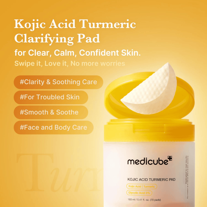 Promotional image for Medicube Kojic Acid Turmeric Pad highlighting exfoliating pads for clearer skin, soothing care, and use on both the face and body.