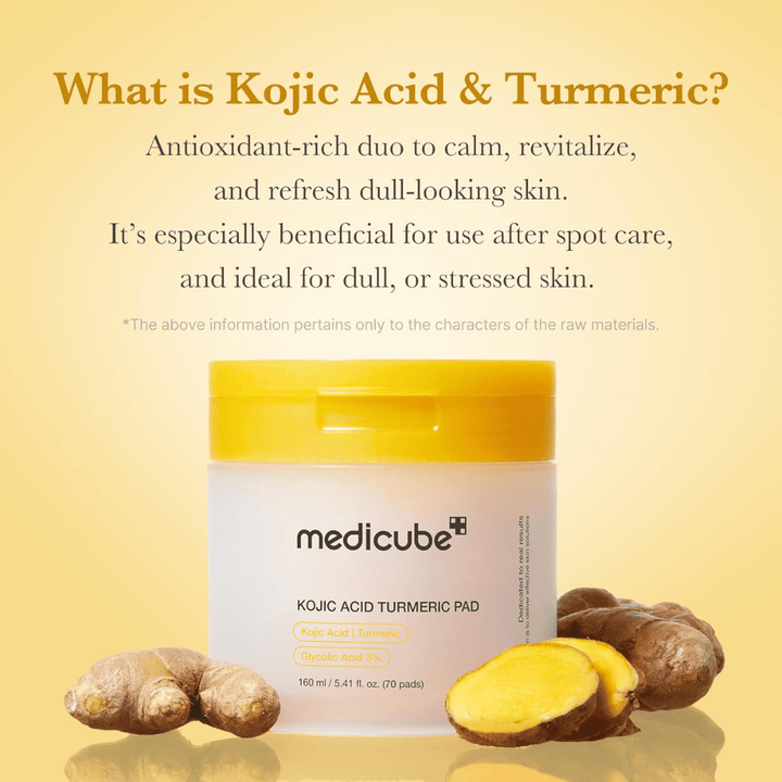 Informational image for Medicube Kojic Acid Turmeric Pad focusing on kojic acid and turmeric as antioxidant-rich ingredients for radiance, a soothing effect, and refreshed skin.