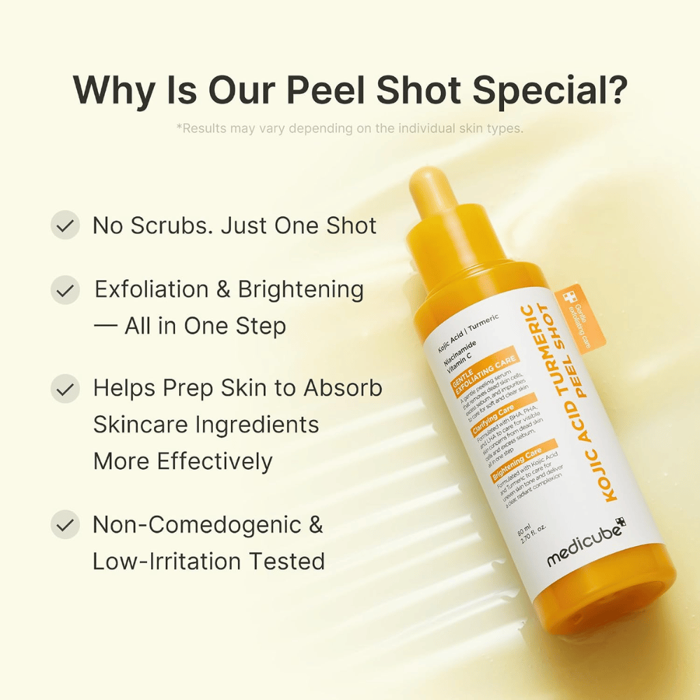 Medicube Kojic Acid Turmeric Peel Shot – exfoliating exfoliator with kojic acid and turmeric for a more even skin tone, radiance, and smoother skin.