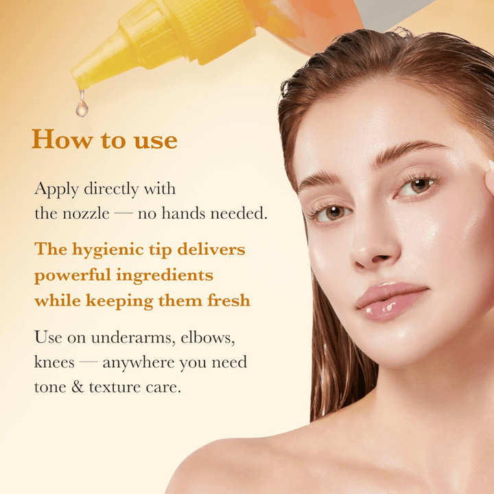 Usage image for Medicube Kojic Acid Turmeric Resurfacing Toner showing hygienic application directly with the tip applicator for skin tone and texture care on areas such as elbows and knees.