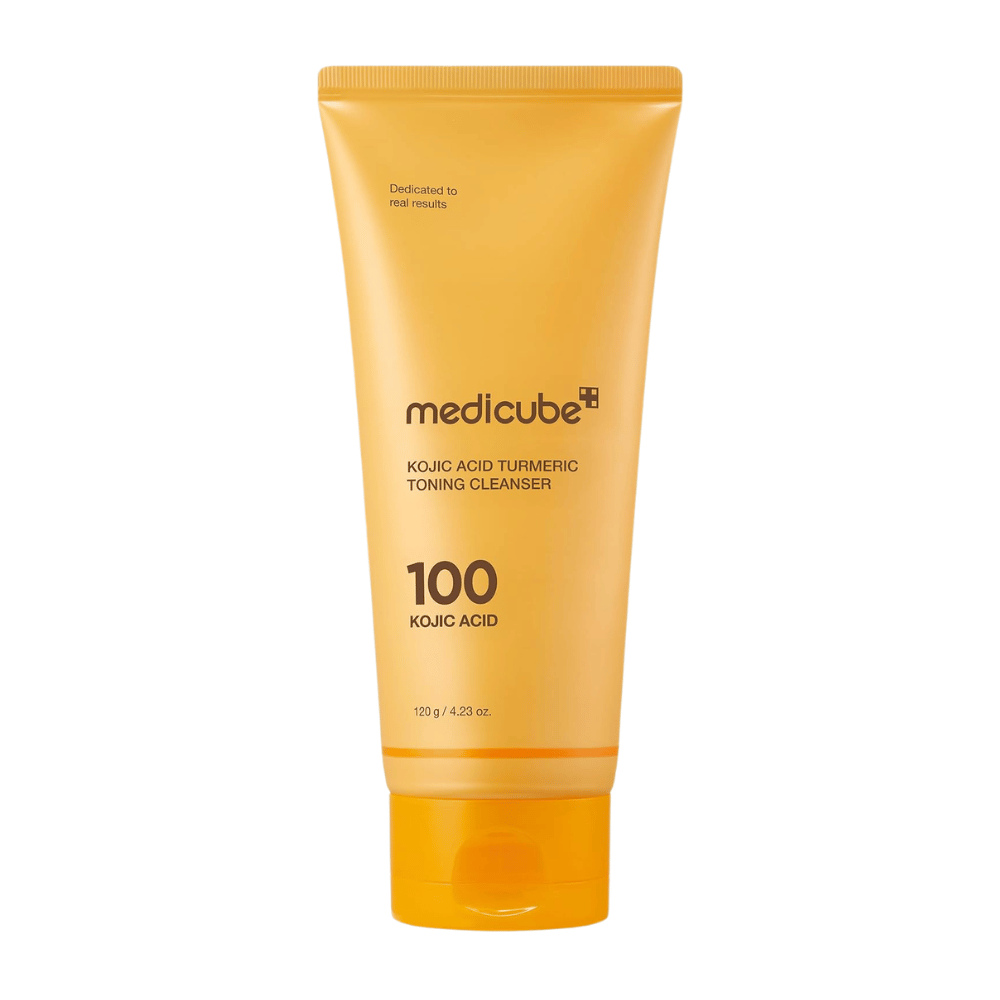 Medicube Kojic Acid Turmeric Toning Cleanser 120 g, face wash with kojic acid and turmeric in a yellow tube against a white background.