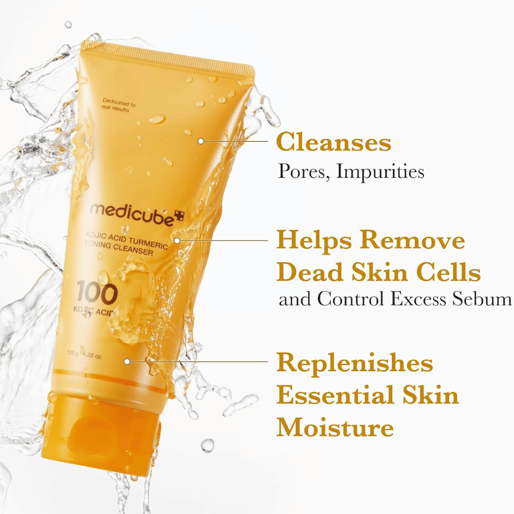 Medicube Kojic Acid Turmeric Toning Cleanser 120 g, face wash that removes impurities and dead skin cells. Yellow tube with water splashes.