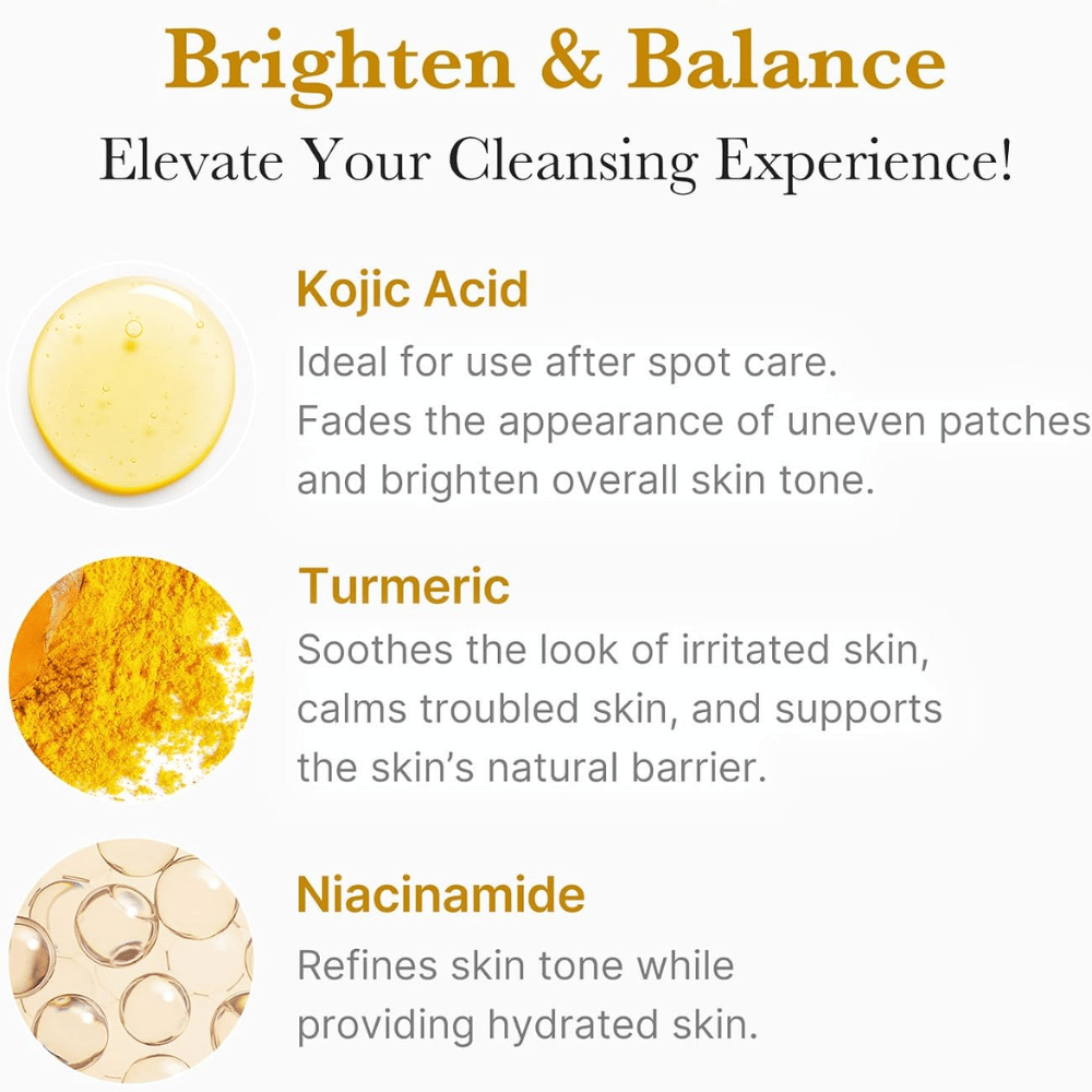 Medicube Kojic Acid Turmeric Toning Cleanser with kojic acid, turmeric, and niacinamide. Ingredient overview for a more even skin tone.