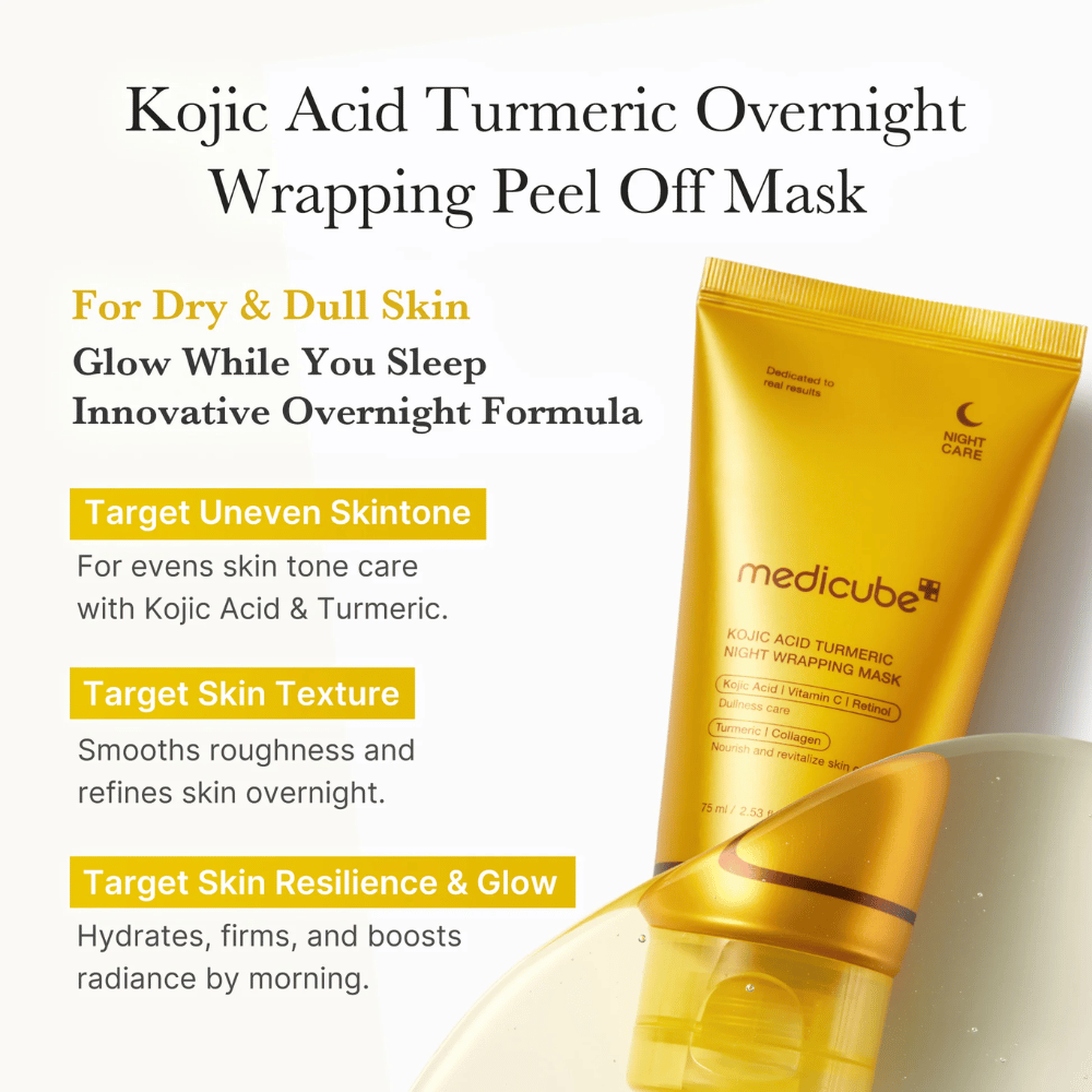 Medicube Kojic Acid Turmeric Overnight Wrapping Peel Off Mask i gul tub, med text som lyfter dess fördelar: jämnar ut hudton, förbättrar hudstruktur och ger lyster medan du sover.