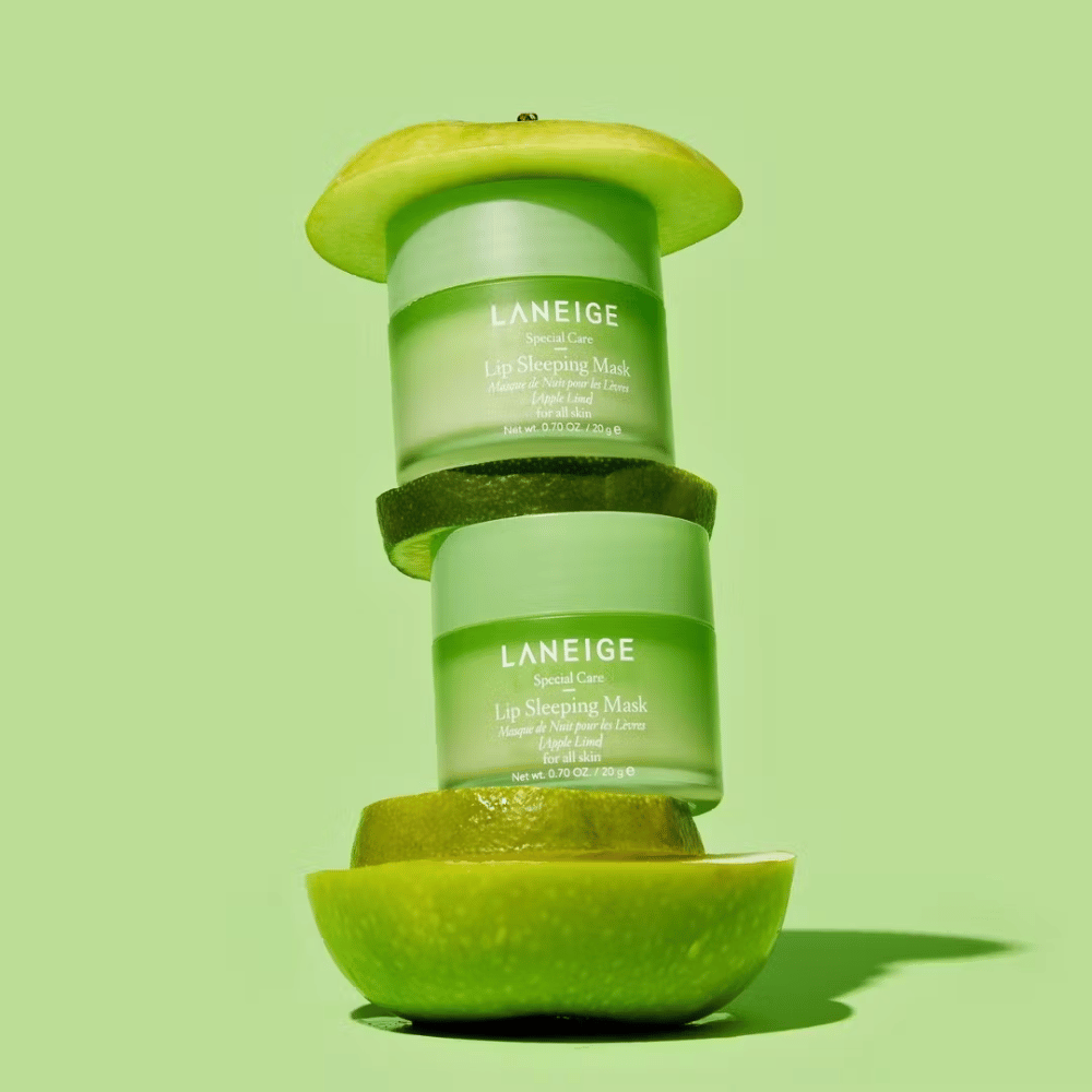 Two jars of LANEIGE's Lip Sleeping Mask Apple Lime 20g stacked on top of each other providing hydration.