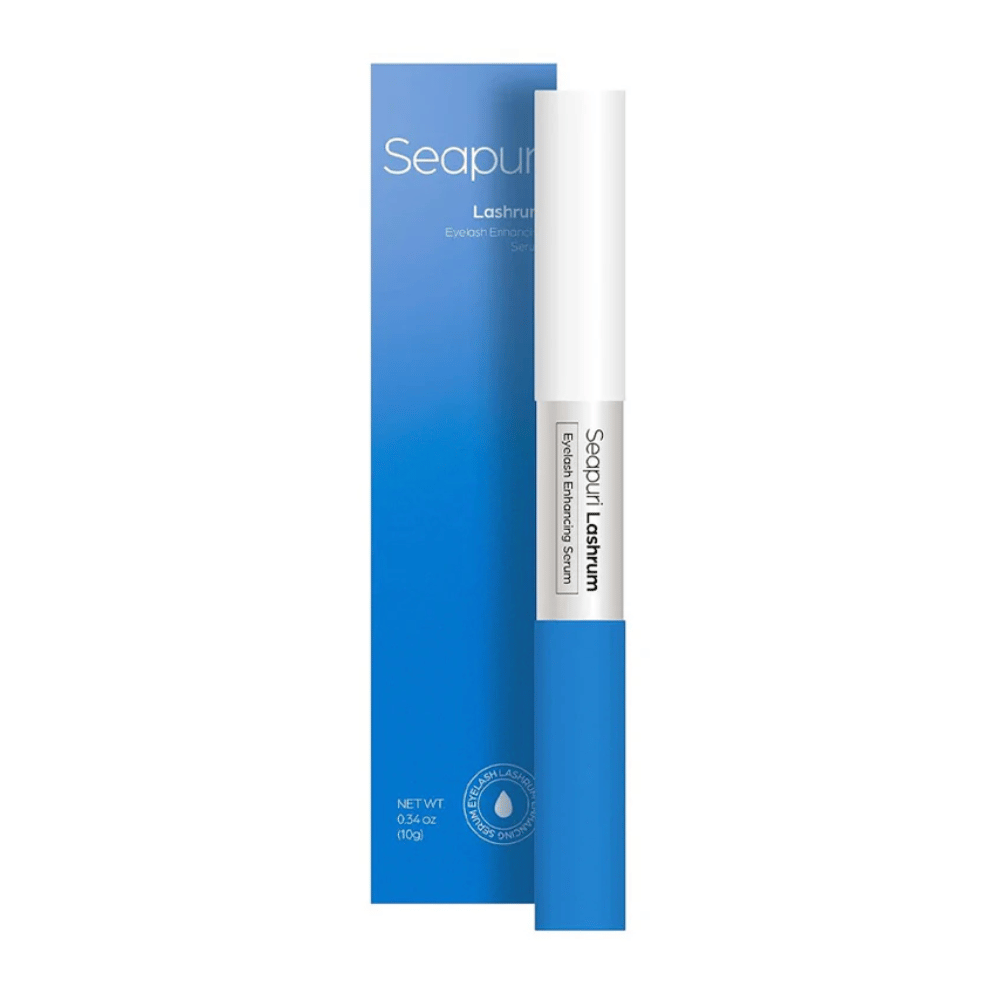 Product image of Seapuri Lashrum Eyelash Enhancing Serum with packaging. Promotes longer, stronger, and fuller eyelashes.