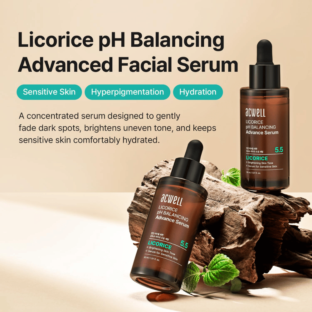 Marketing image for Acwell Licorice pH Balancing Advance Serum focusing on sensitive skin, hyperpigmentation, and hydration.