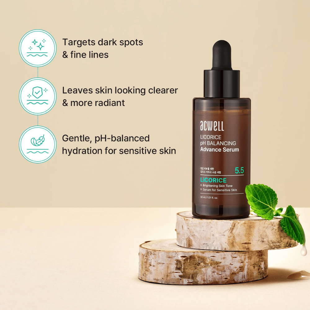 Product image describing the serum’s benefits for dark spots, fine lines, and sensitive skin with pH-balanced hydration.