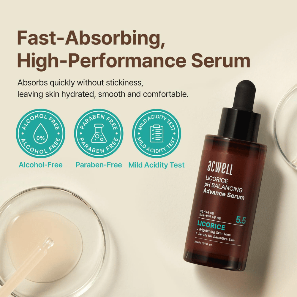 Informational image highlighting the serum’s fast-absorbing formula and that it is alcohol-free, paraben-free, and pH-tested for sensitive skin.