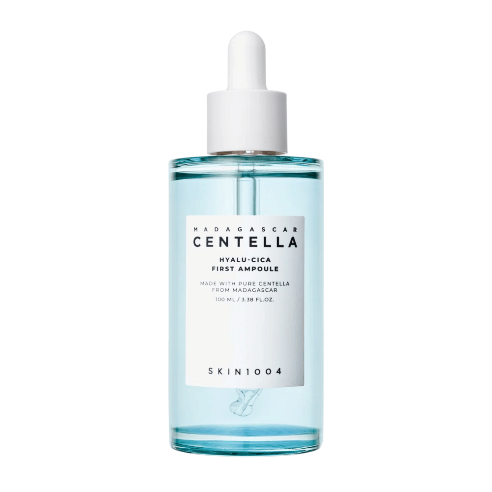 Product image of Skin1004 Madagascar Centella Hyalu-Cica First Ampoule, 100 ml bottle with white label and dropper.