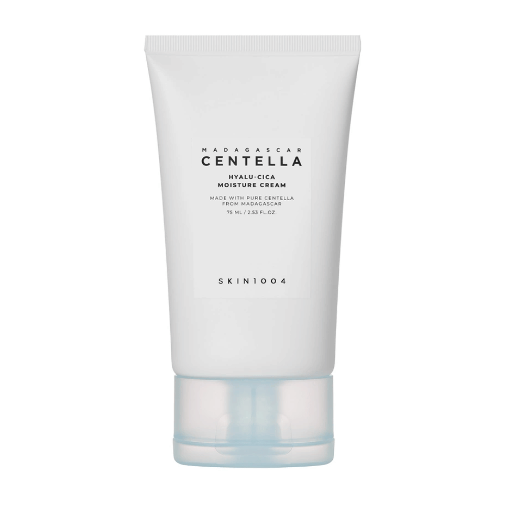A white tube SKIN1004 Madagascar Centella Hyalu-Cica moisturizing cream on a solid-colored background.